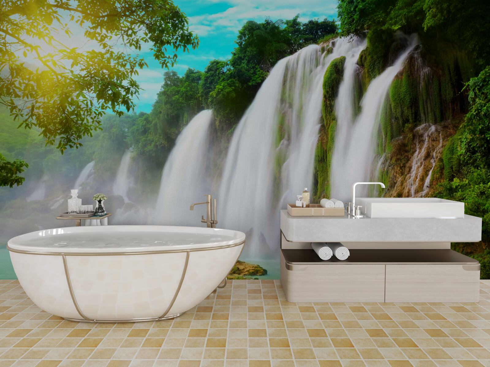 Fotobehang luidruchtige waterval glinsterend in de zon