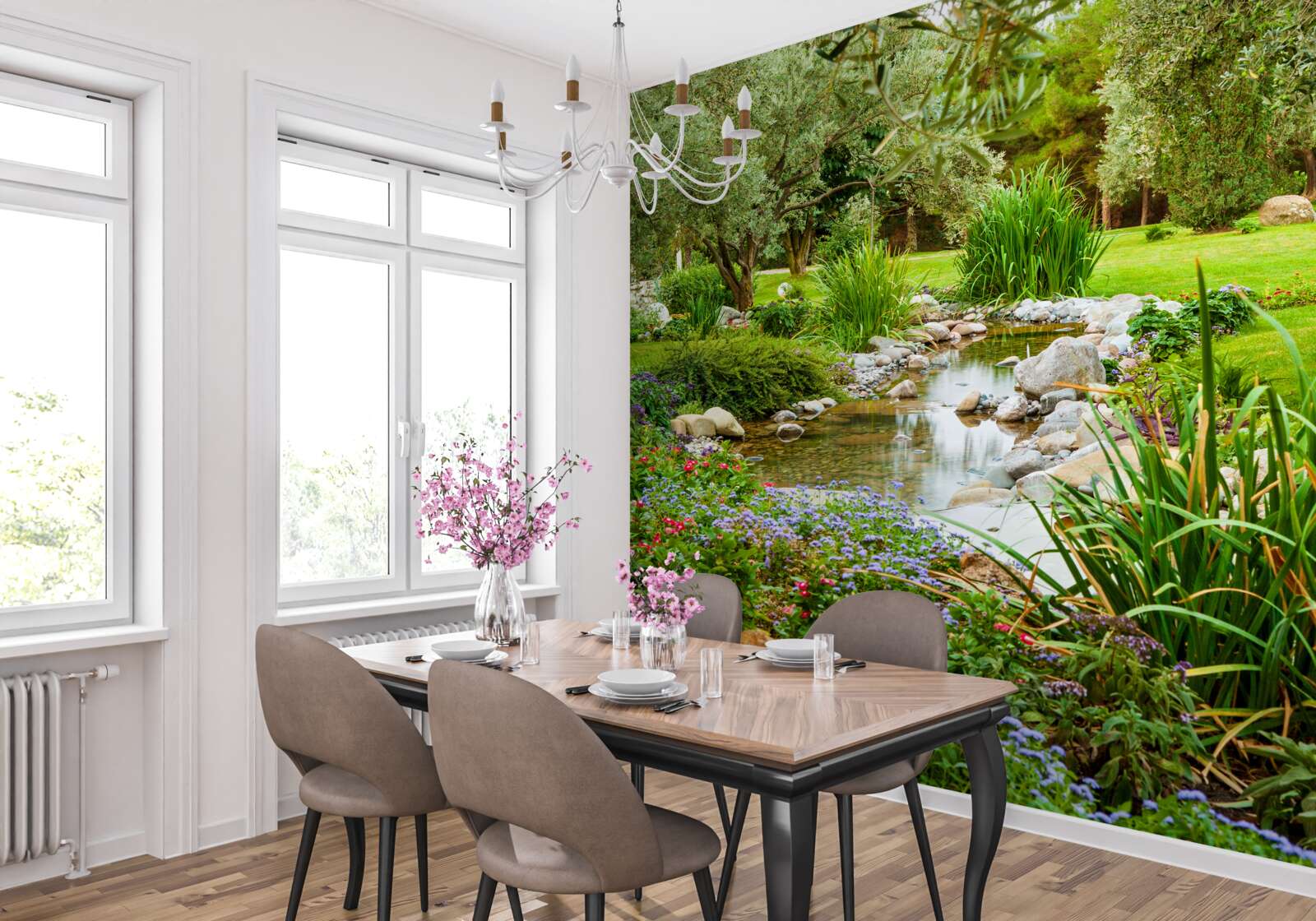 Fotobehang een kalme beek op een smaragdgroene weide