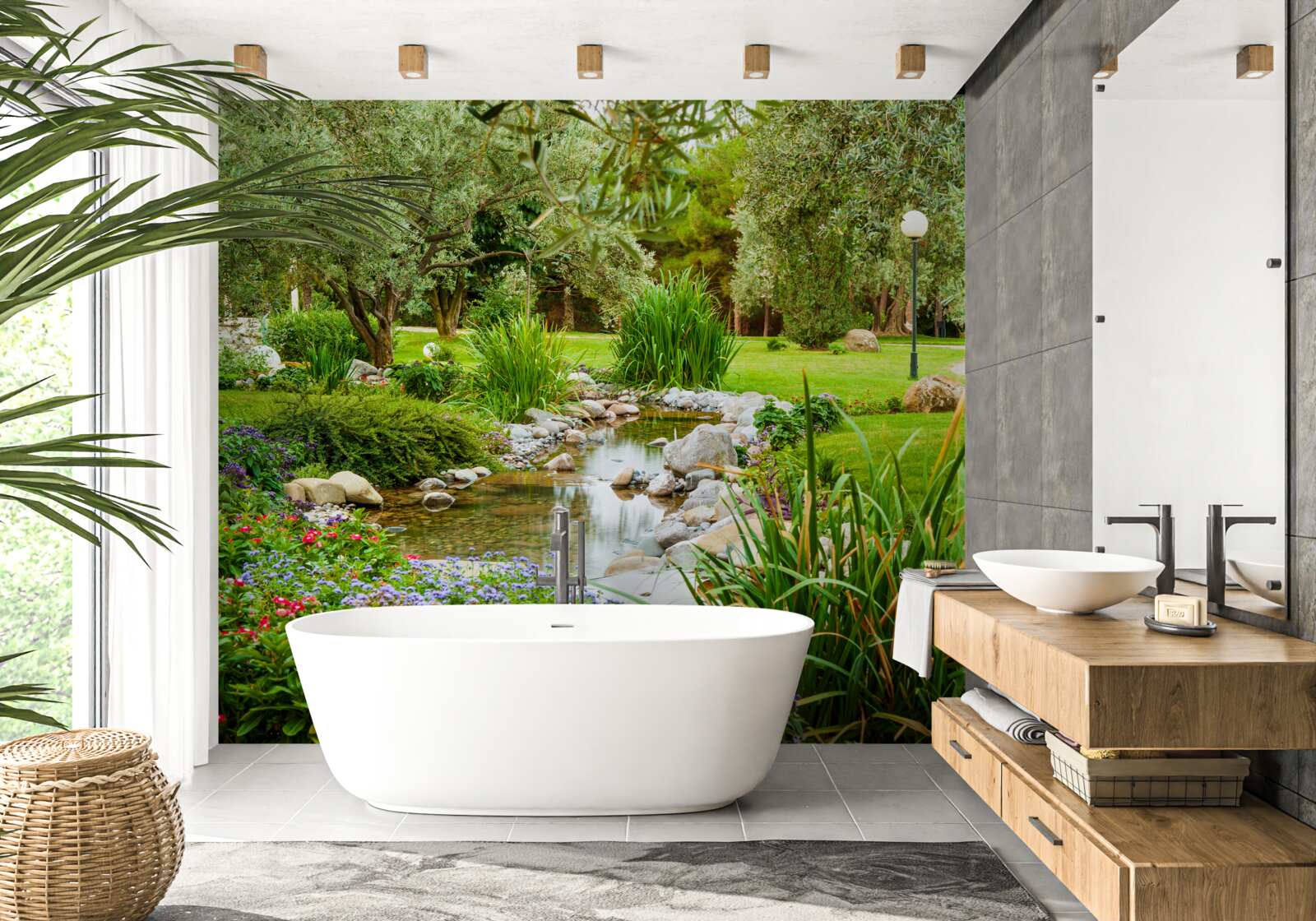 Fotobehang een kalme beek op een smaragdgroene weide