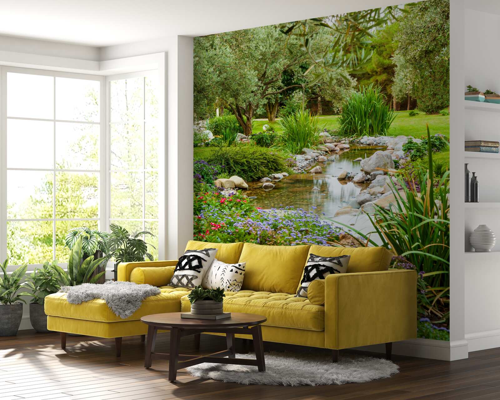 Fotobehang een kalme beek op een smaragdgroene weide