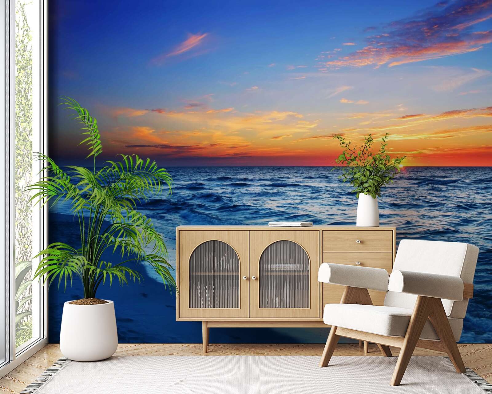 Fotobehang de ondergaande zon en de schuimende golven