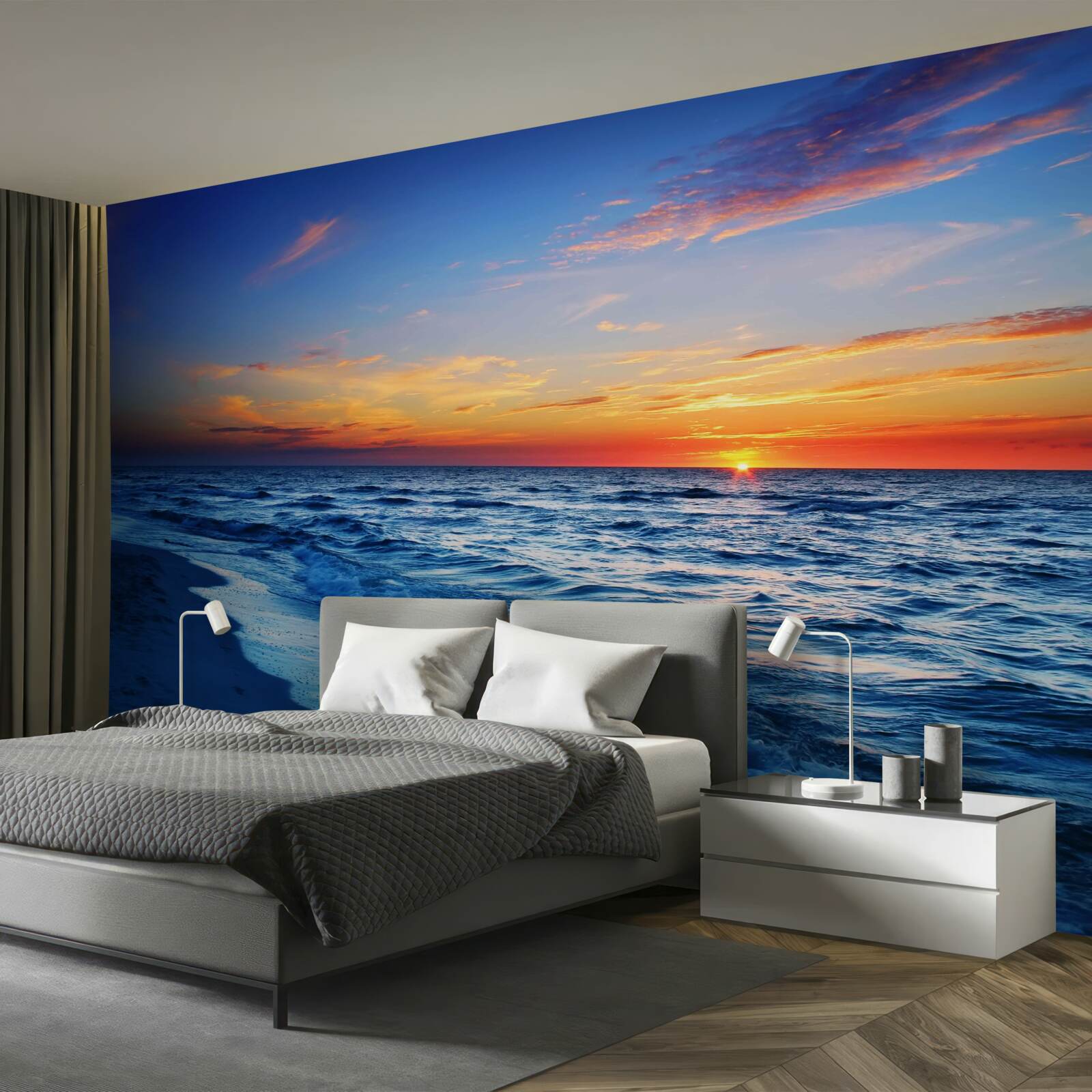 Fotobehang de ondergaande zon en de schuimende golven