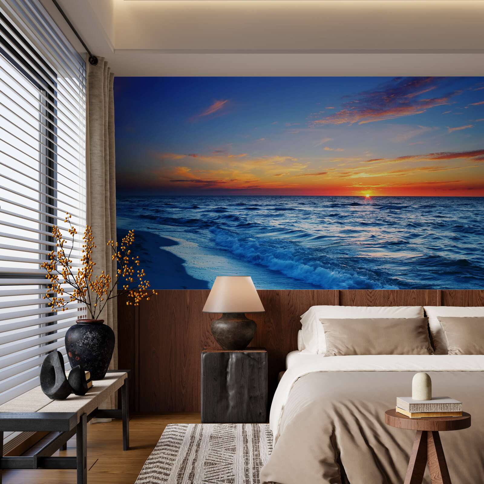 Fotobehang de ondergaande zon en de schuimende golven