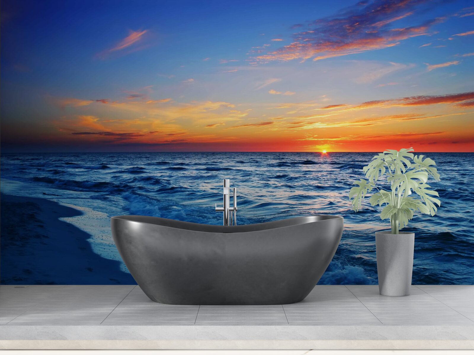 Fotobehang de ondergaande zon en de schuimende golven