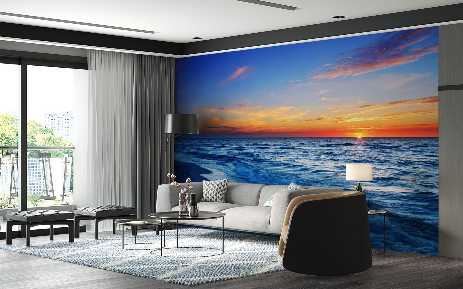 Fotobehang de ondergaande zon en de schuimende golven