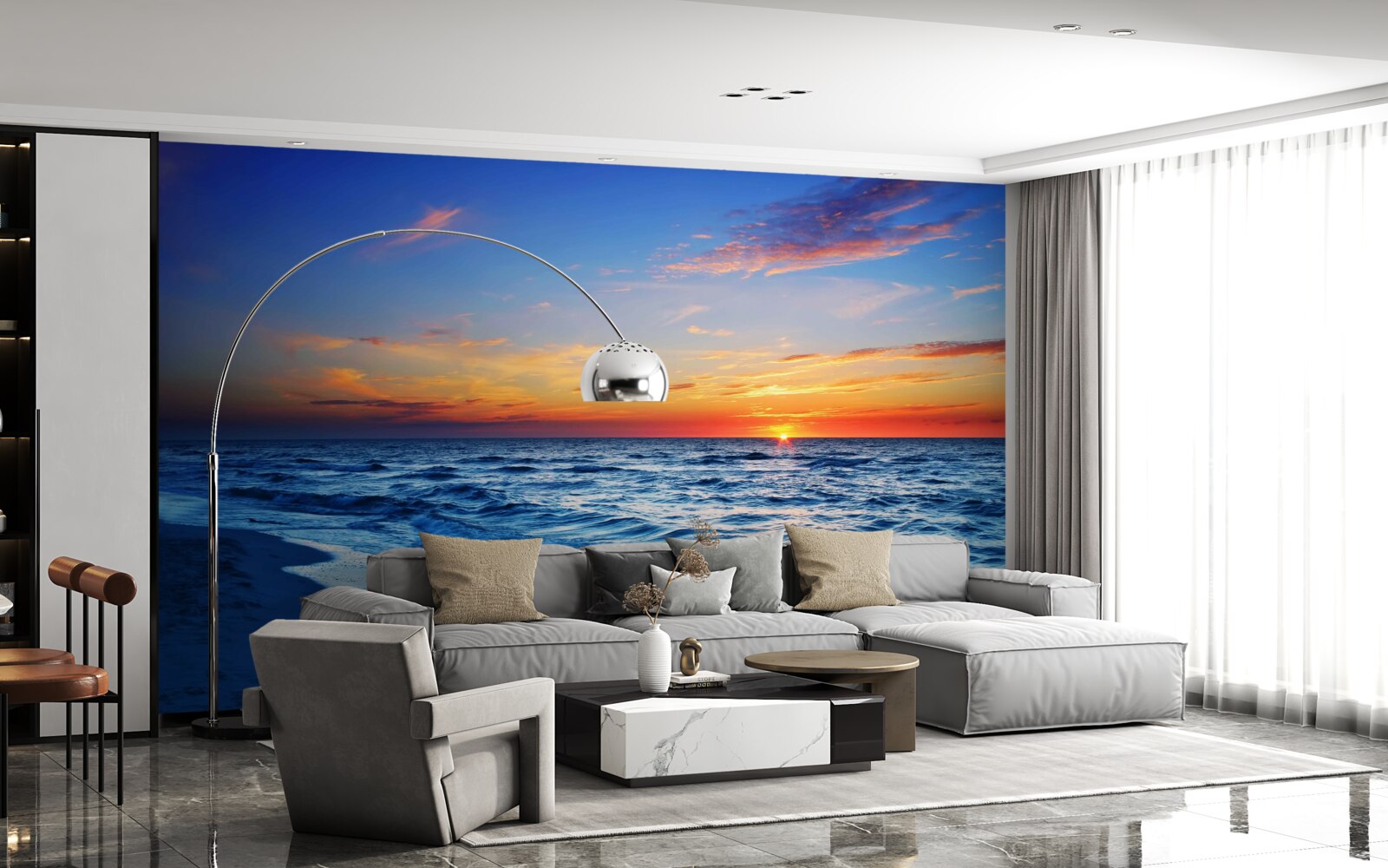 Fotobehang de ondergaande zon en de schuimende golven