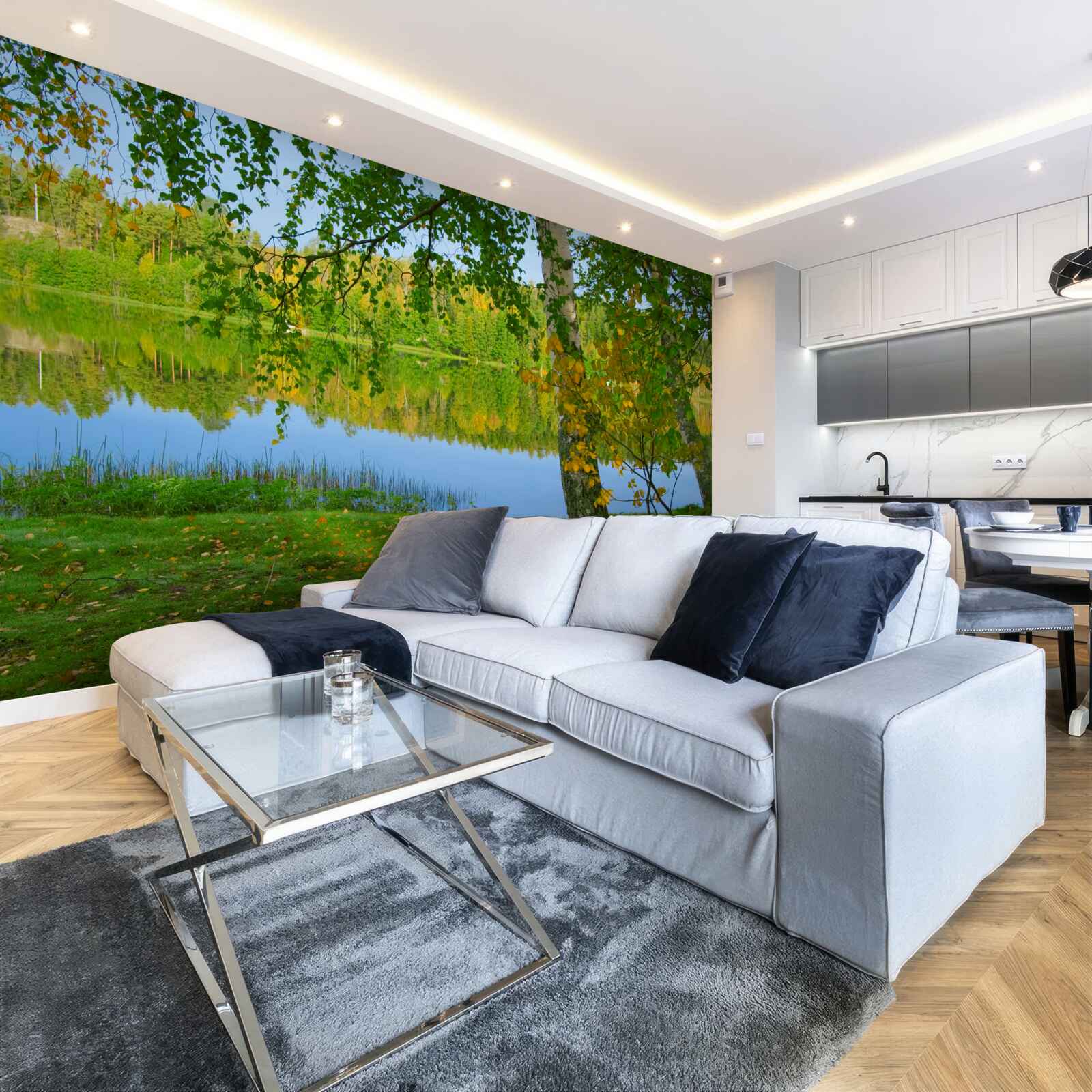 Fotobehang weerspiegeling van de rivier met dicht zomerbos