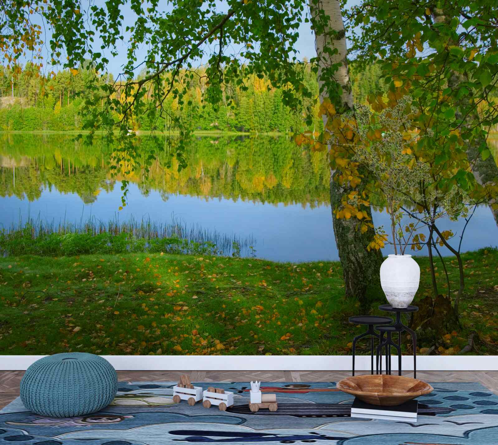 Fotobehang weerspiegeling van de rivier met dicht zomerbos