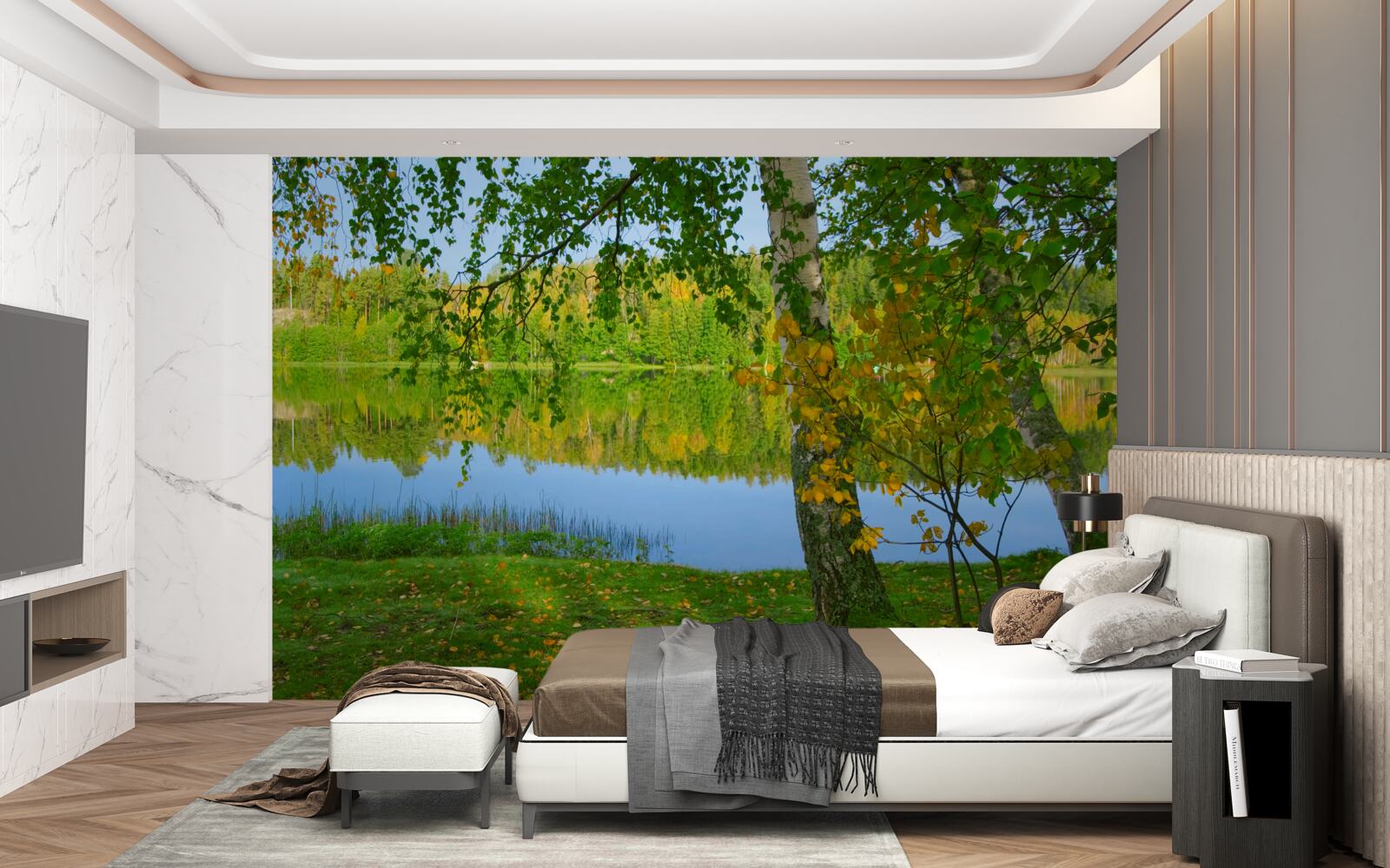 Fotobehang weerspiegeling van de rivier met dicht zomerbos