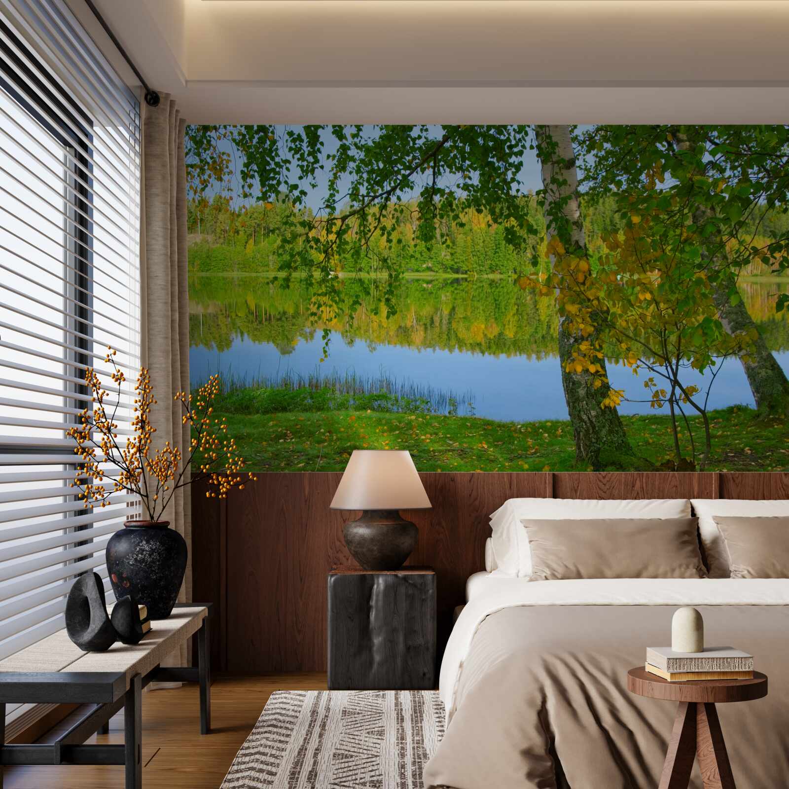 Fotobehang weerspiegeling van de rivier met dicht zomerbos