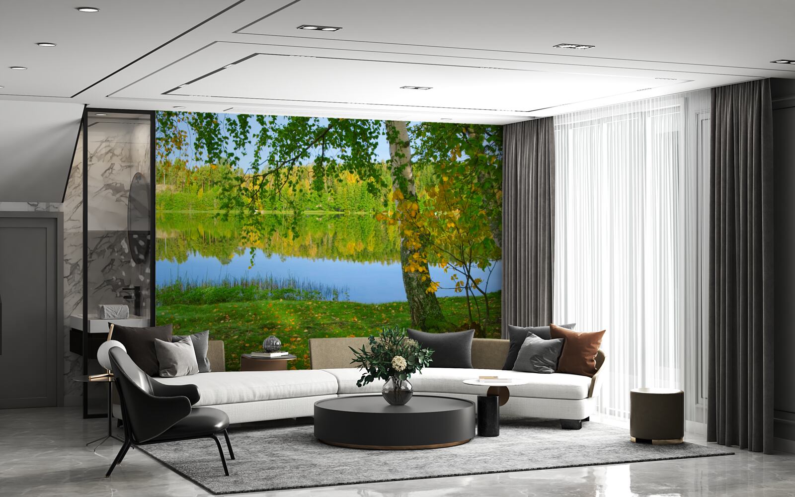 Fotobehang weerspiegeling van de rivier met dicht zomerbos