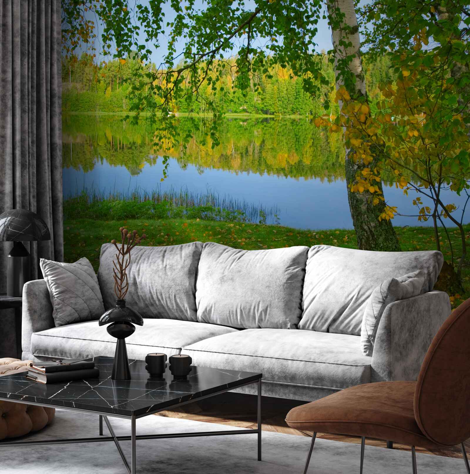 Fotobehang weerspiegeling van de rivier met dicht zomerbos