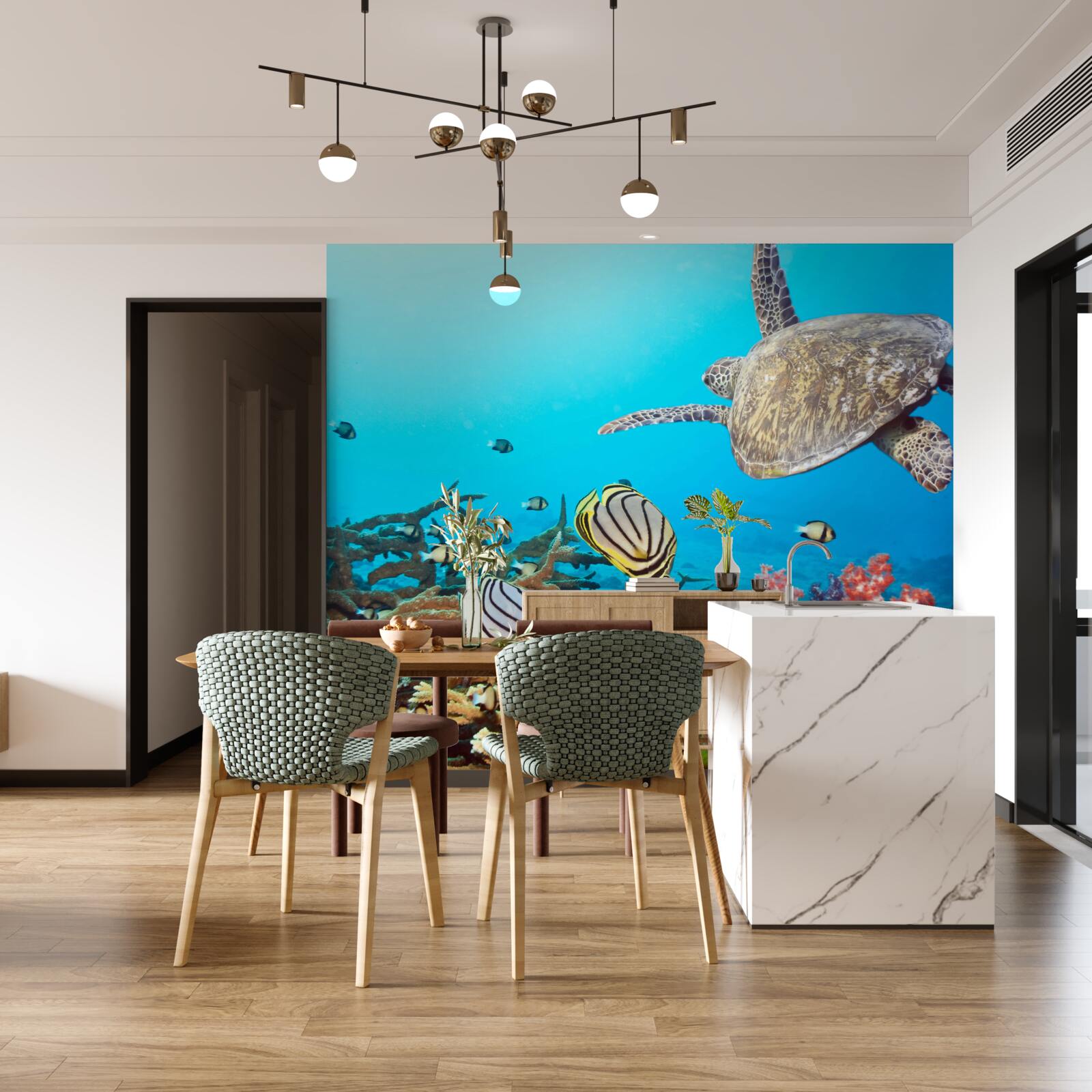 Fotobehang bewoners van het diepblauwe wateroppervlak