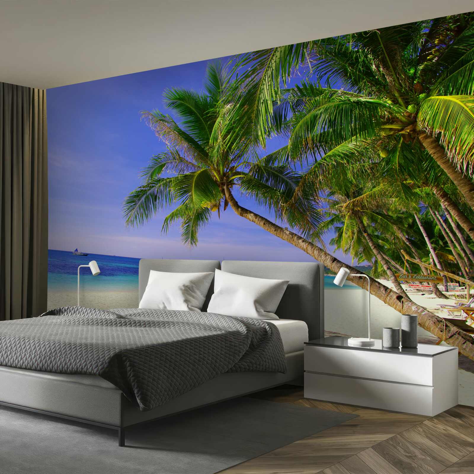 Fotobehang zandstranden met palmbomen en een kalme oceaan