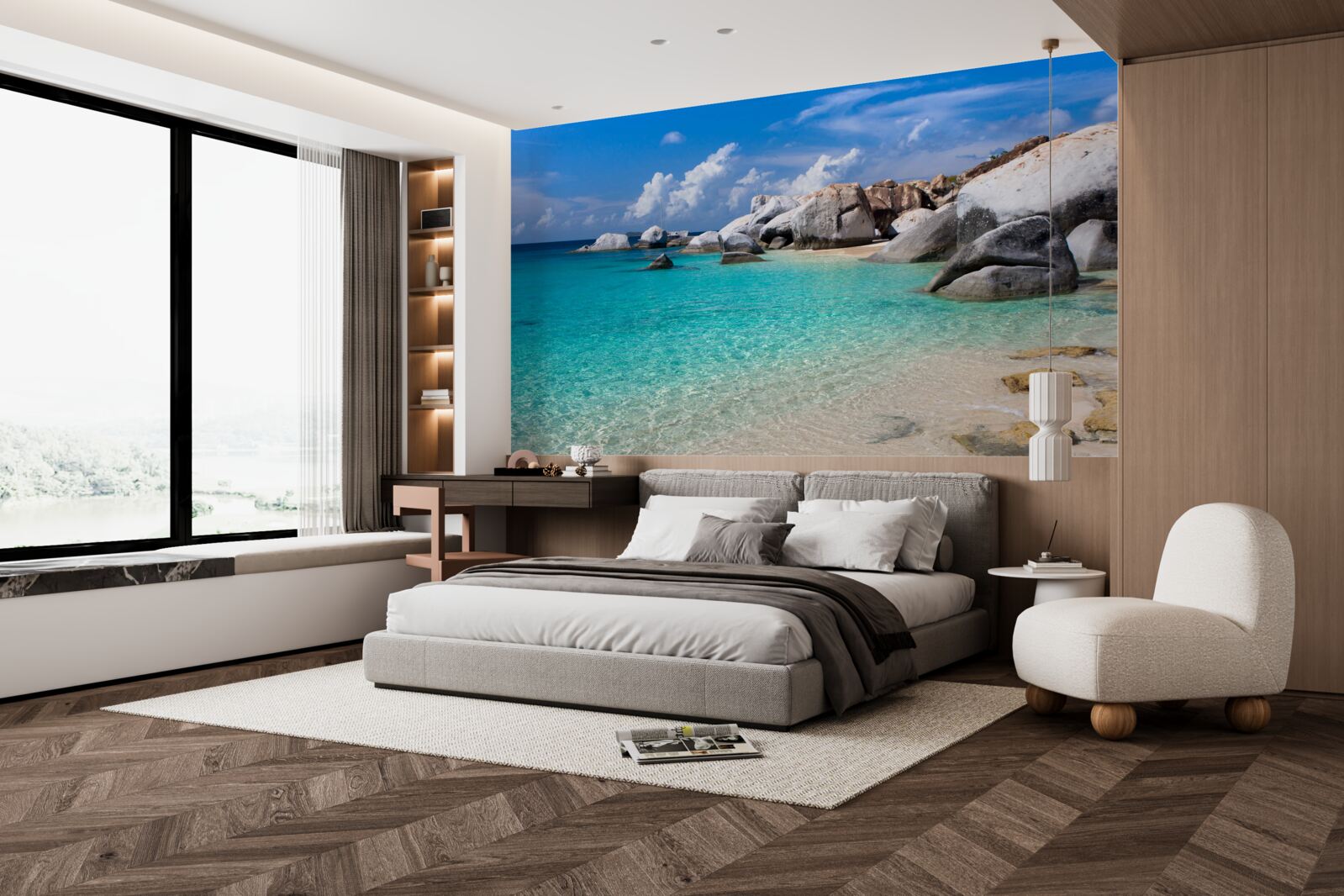 Fotobehang azuurblauw oceaanwater en een zandkust