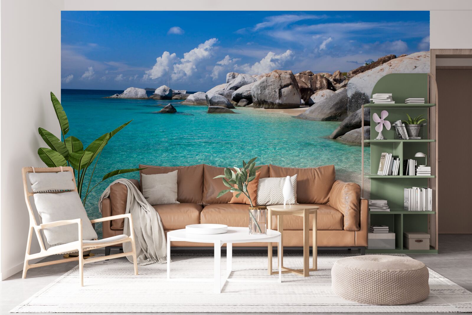 Fotobehang azuurblauw oceaanwater en een zandkust