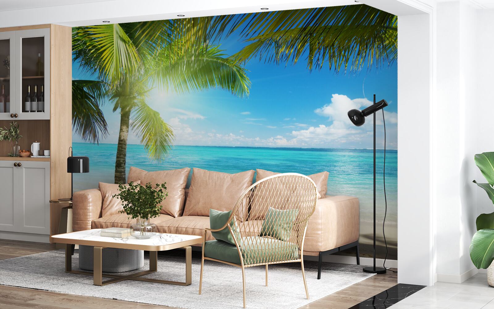 Fotobehang rustig exotisch strand versierd met palmbomen