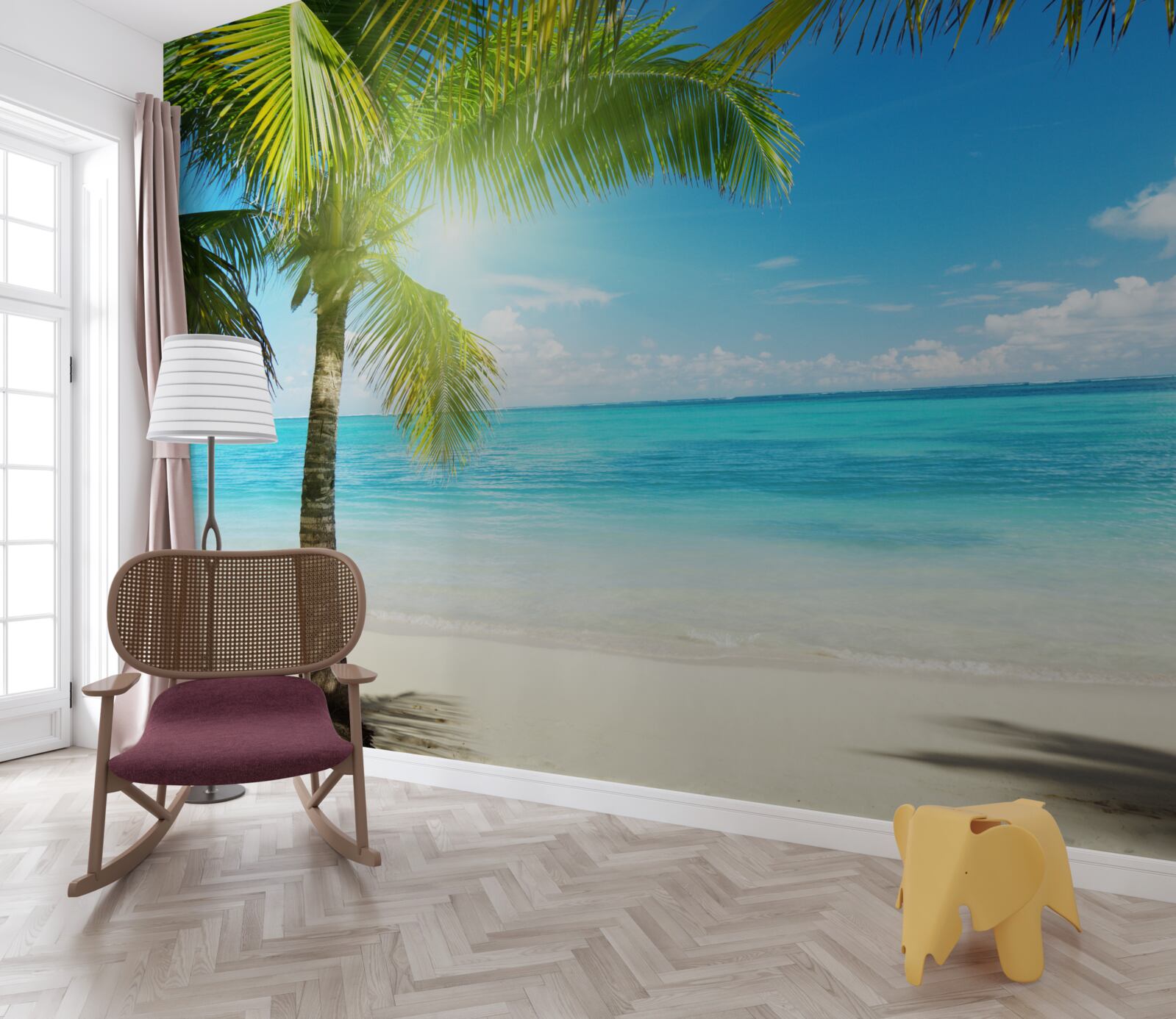 Fotobehang rustig exotisch strand versierd met palmbomen