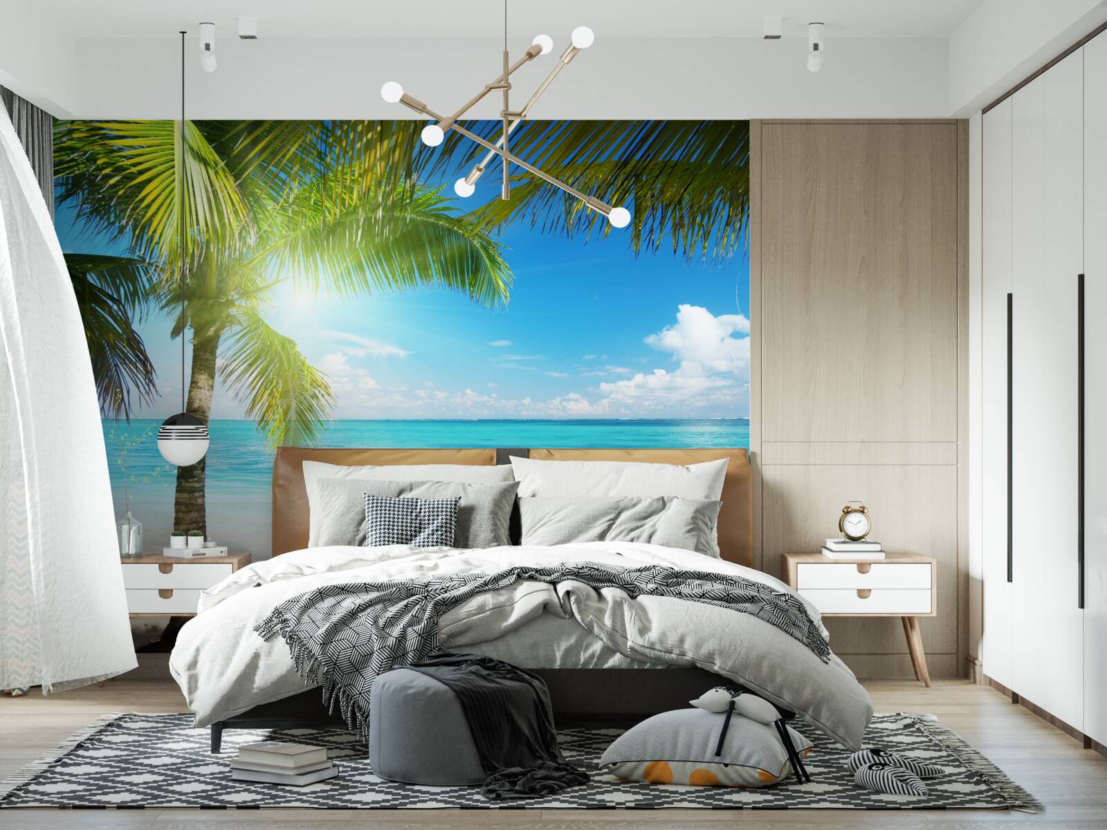 Fotobehang rustig exotisch strand versierd met palmbomen