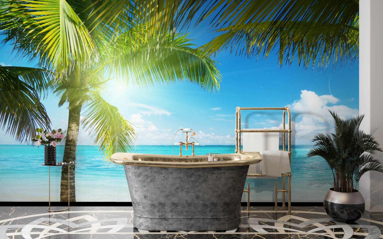 Fotobehang rustig exotisch strand versierd met palmbomen