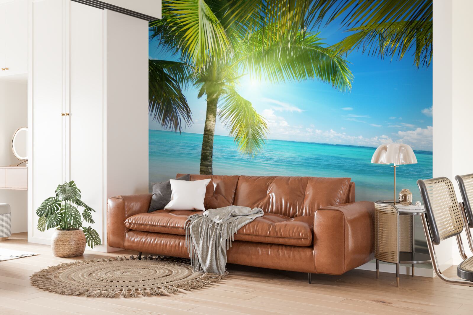 Fotobehang rustig exotisch strand versierd met palmbomen