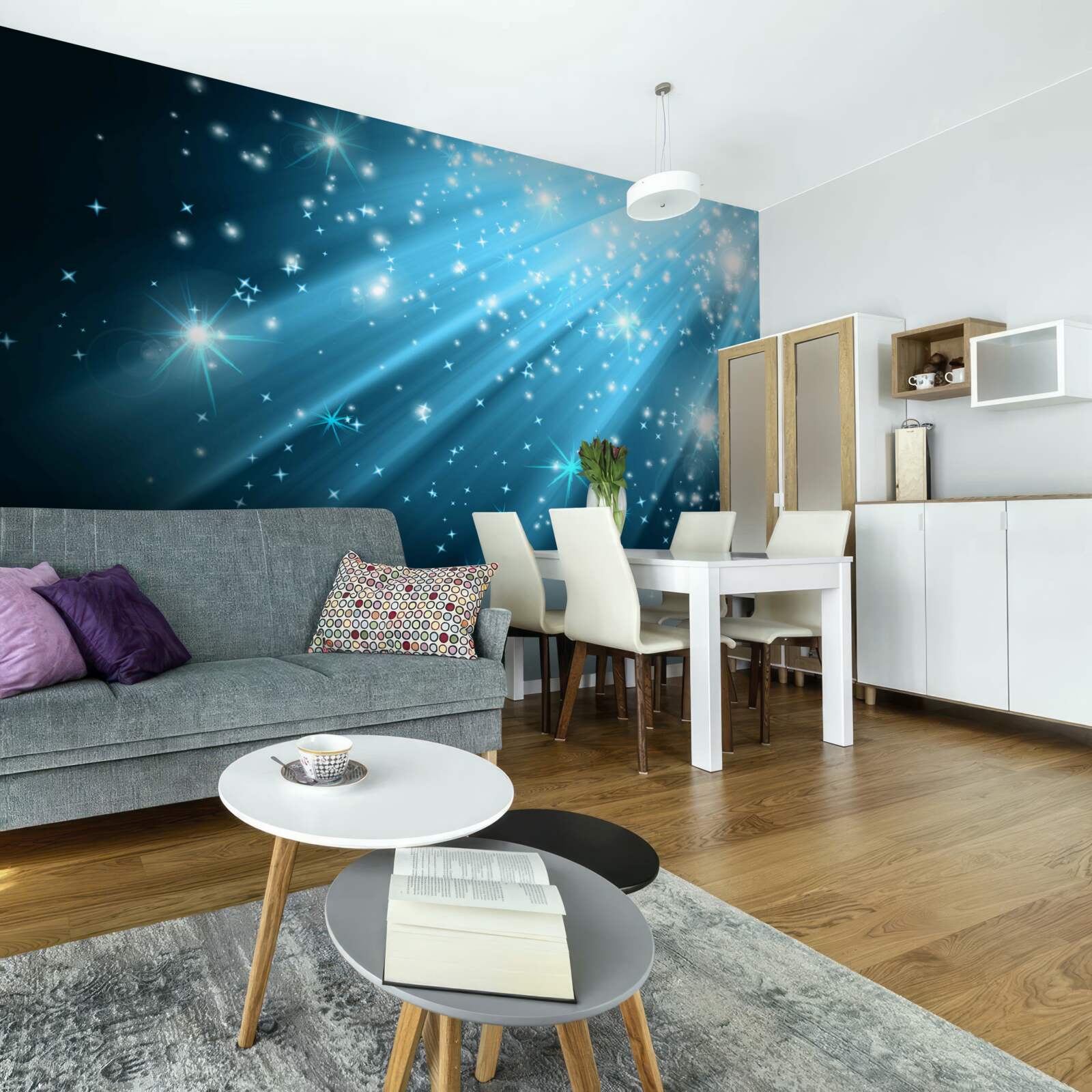 Fotobehang Glinsterende maanstralen in een hemel bezaaid met sterren