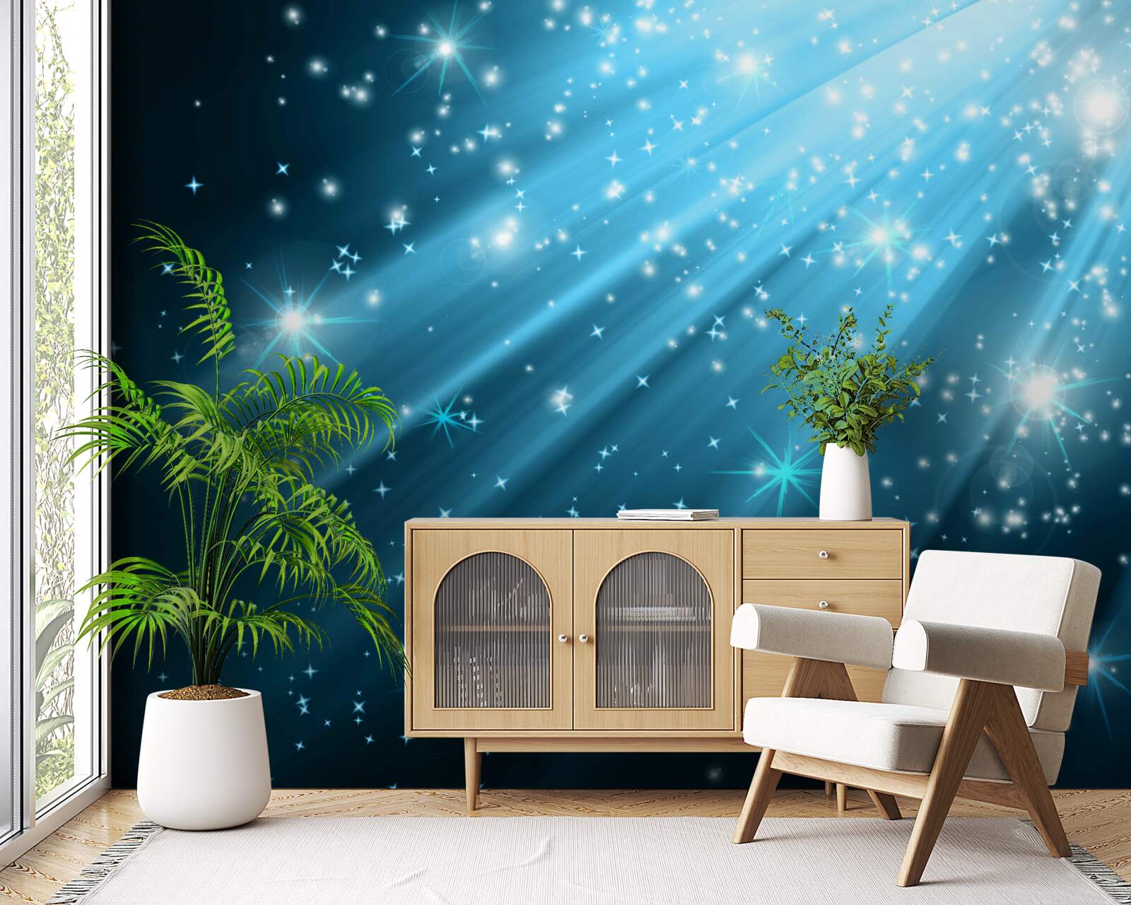 Fotobehang Glinsterende maanstralen in een hemel bezaaid met sterren