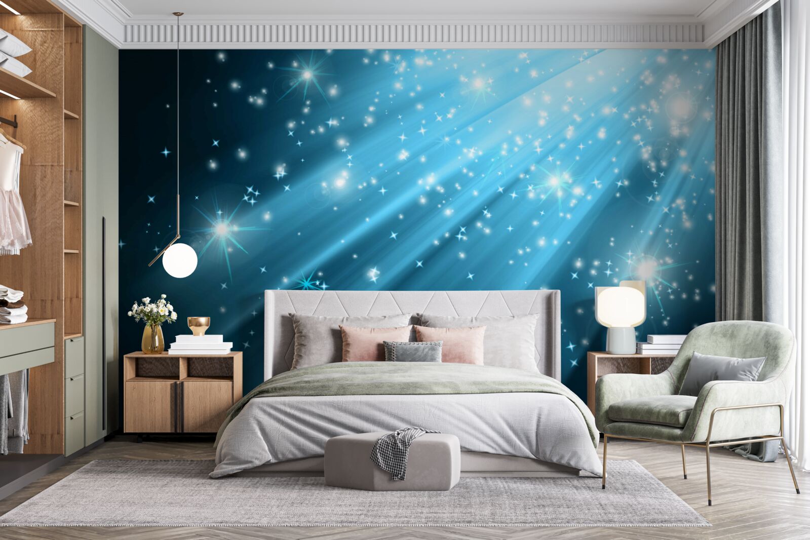 Fotobehang Glinsterende maanstralen in een hemel bezaaid met sterren