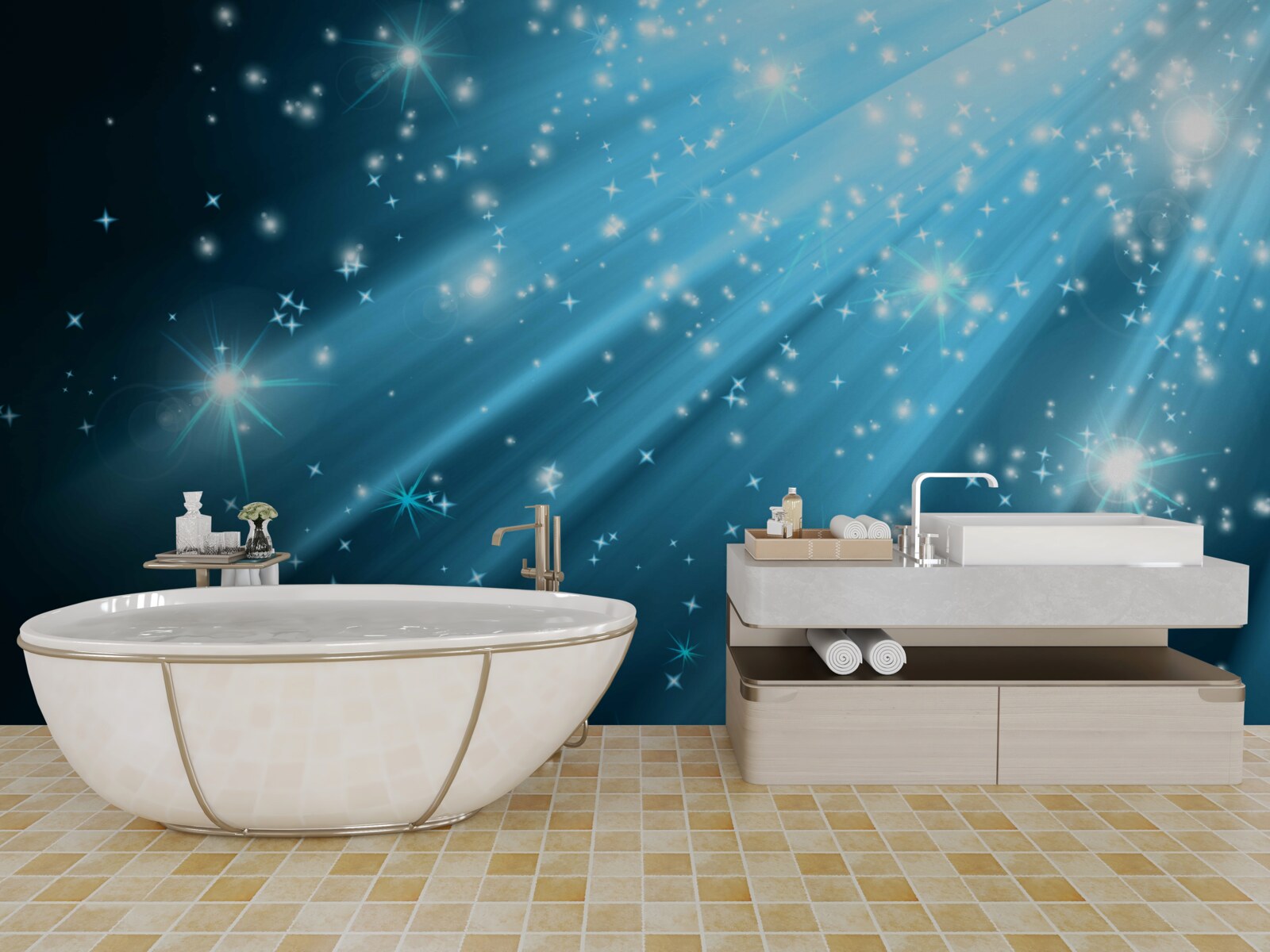 Fotobehang Glinsterende maanstralen in een hemel bezaaid met sterren