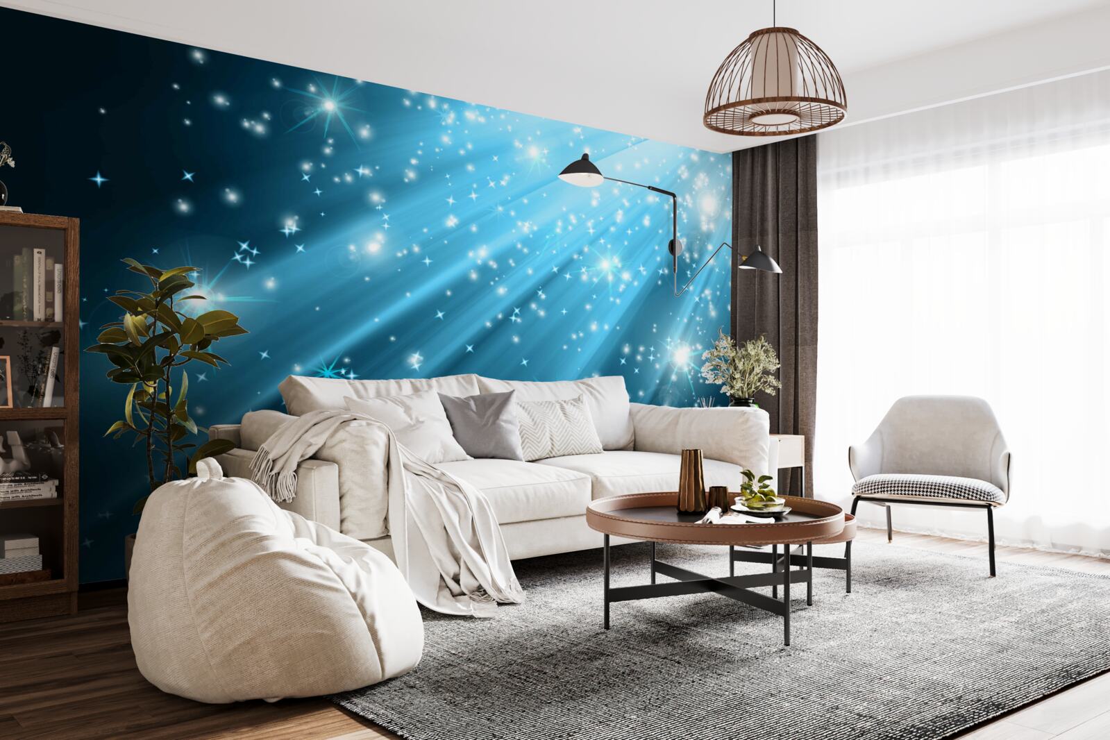 Fotobehang Glinsterende maanstralen in een hemel bezaaid met sterren