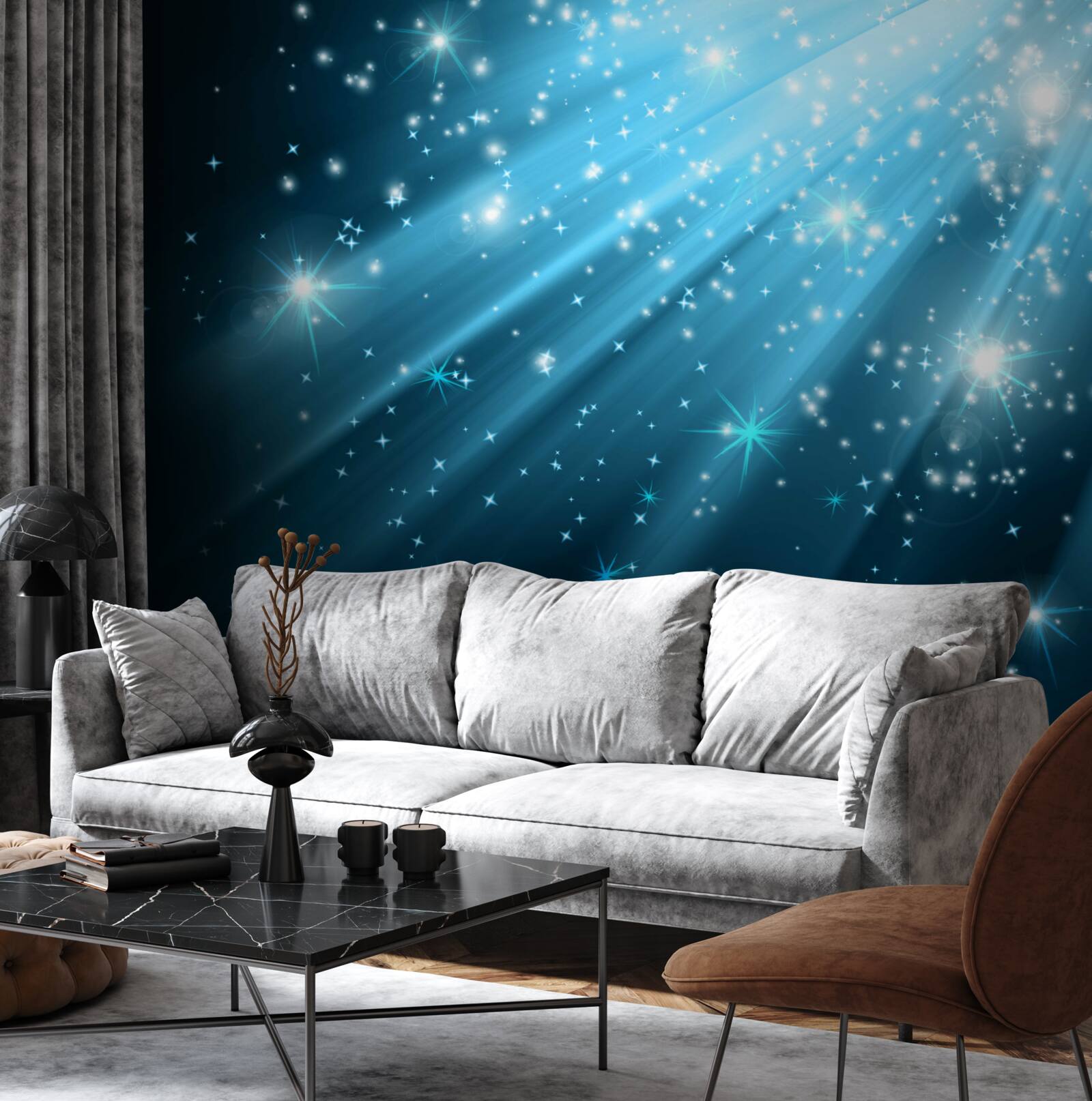 Fotobehang Glinsterende maanstralen in een hemel bezaaid met sterren