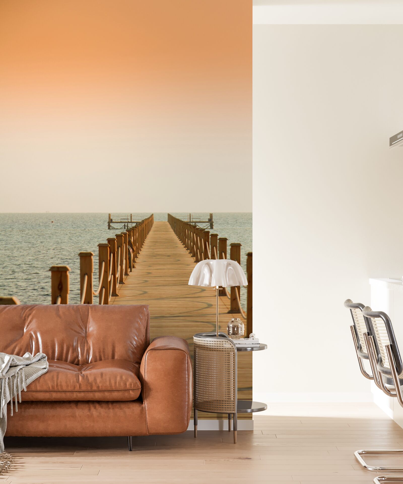 Fotobehang promenade naar de zee bij zonsondergang