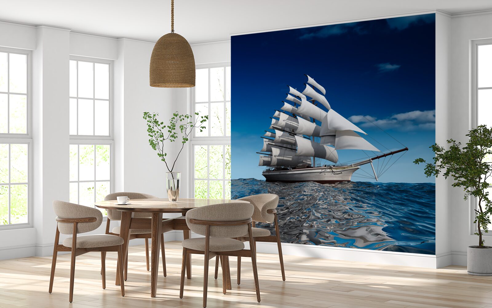 Fotobehang een schip met zeil op kalm water