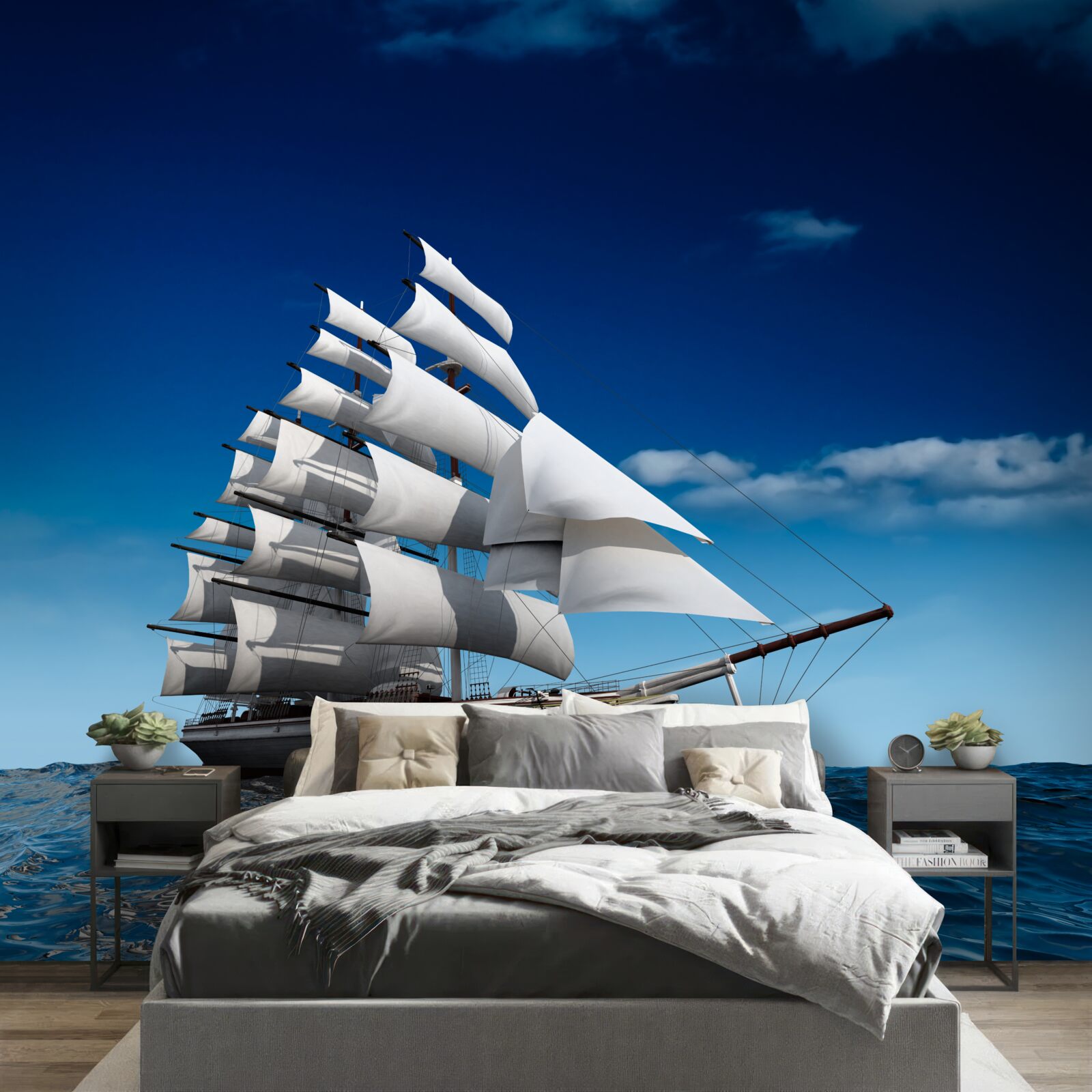 Fotobehang een schip met zeil op kalm water