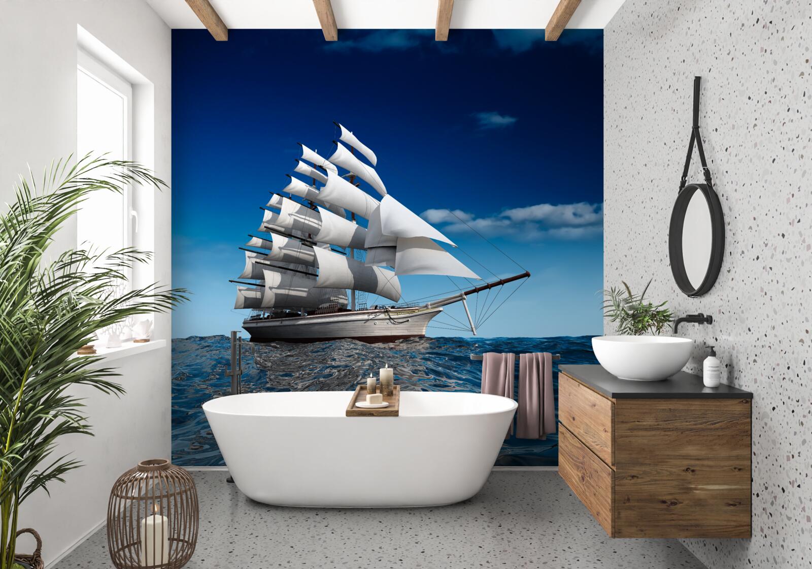 Fotobehang een schip met zeil op kalm water