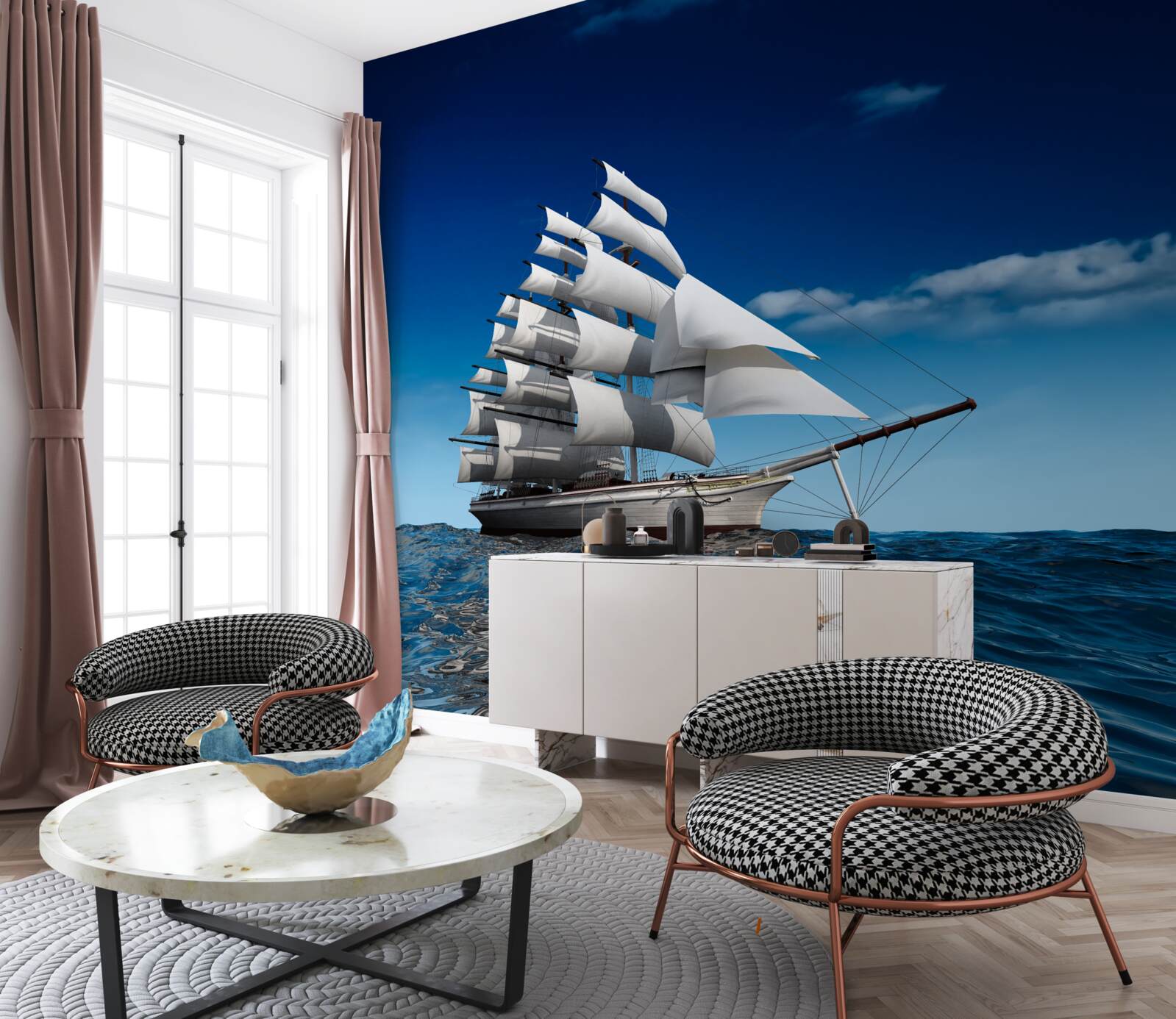 Fotobehang een schip met zeil op kalm water