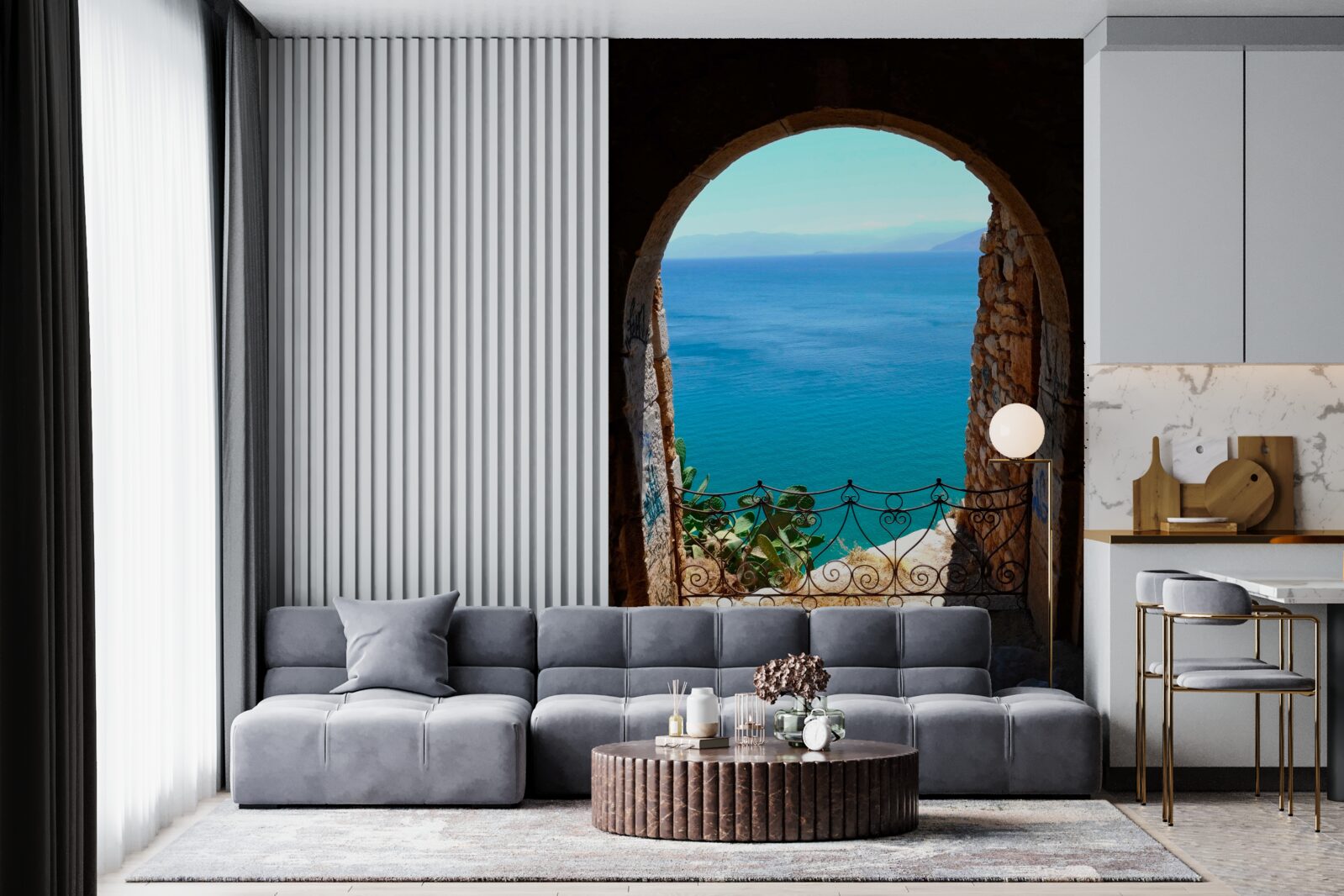 Fotobehang stenen boog die naar de zee leidt