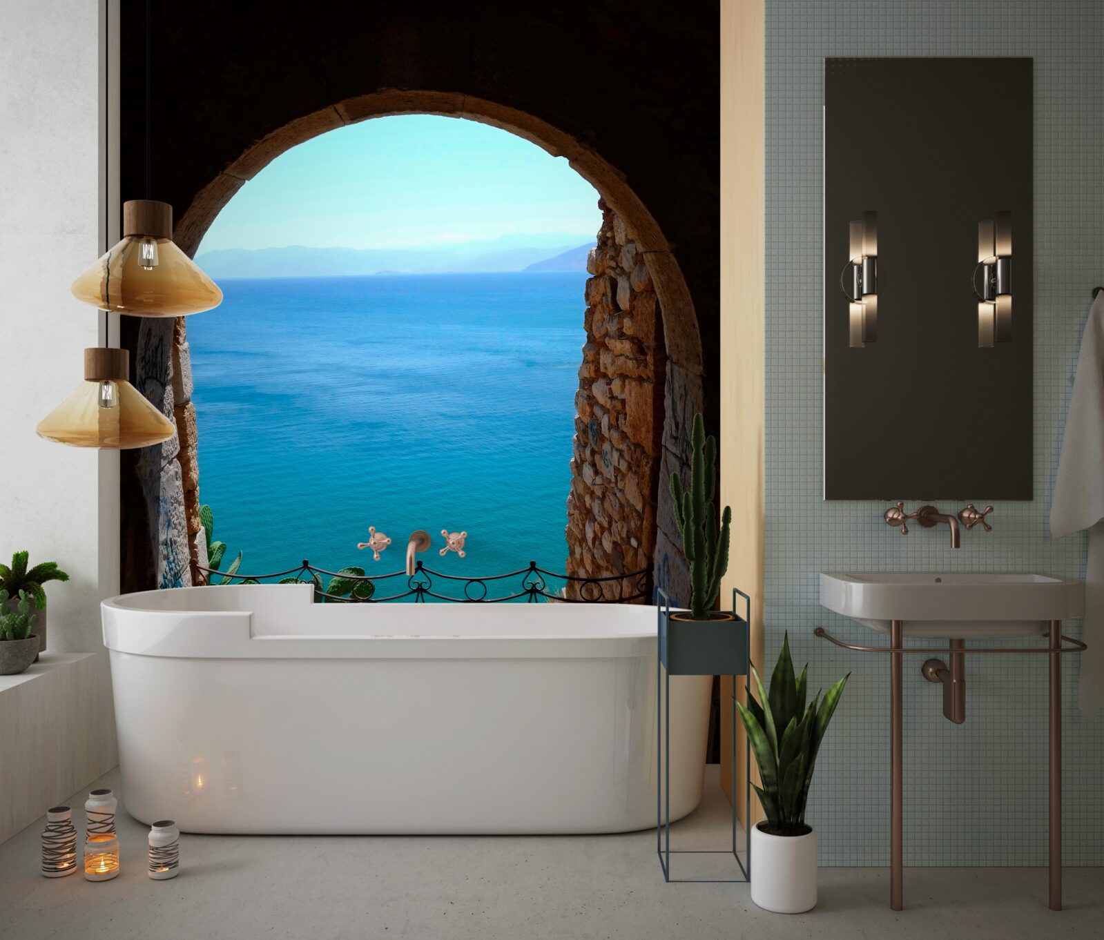 Fotobehang stenen boog die naar de zee leidt