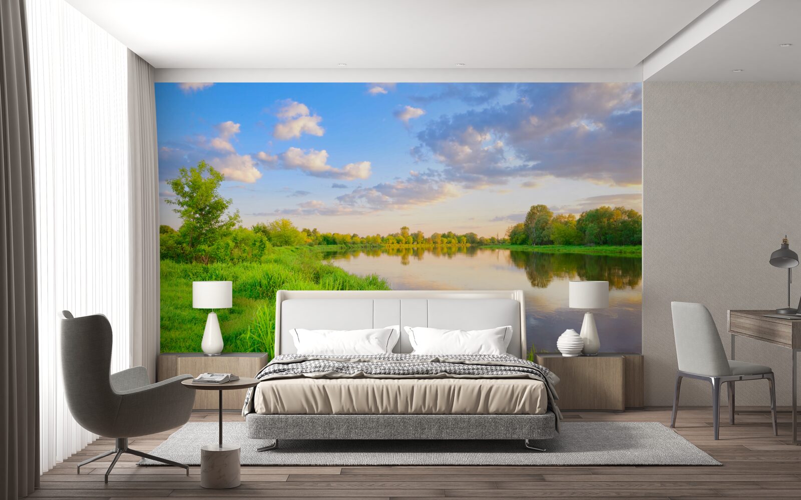 Fotobehang kalme rivier naast een groene weide