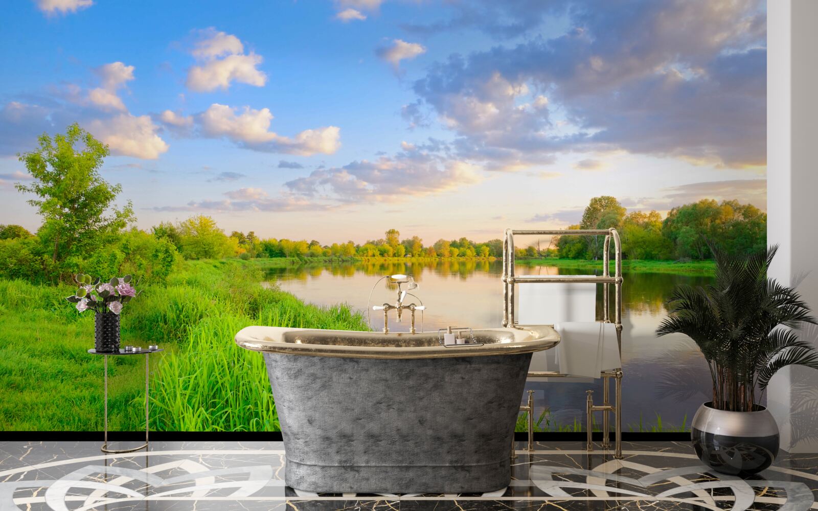 Fotobehang kalme rivier naast een groene weide