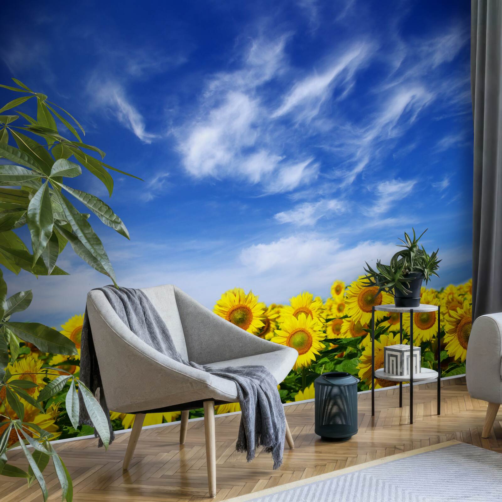 Fotobehang zonnebloemen steken duidelijk af tegen de blauwe lucht