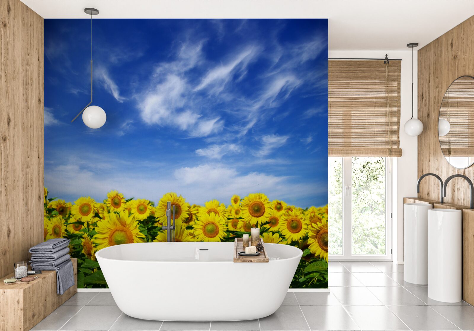 Fotobehang zonnebloemen steken duidelijk af tegen de blauwe lucht