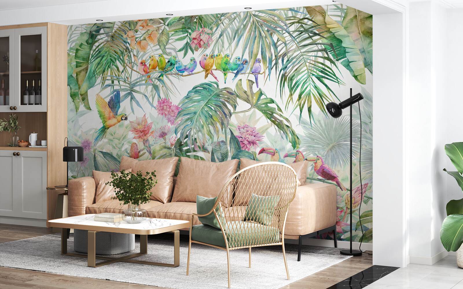 Fotobehang vogels op exotische planten