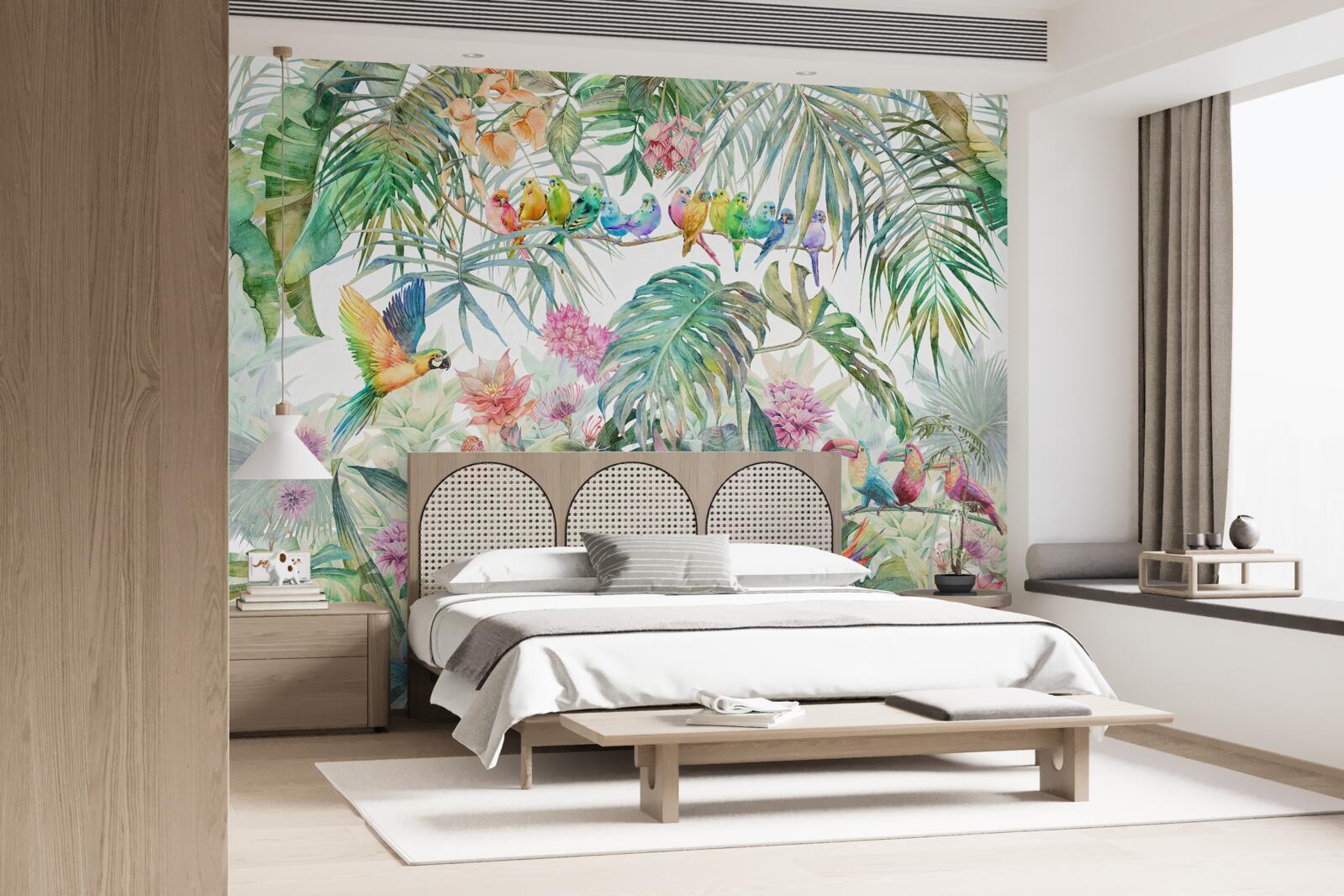 Fotobehang vogels op exotische planten