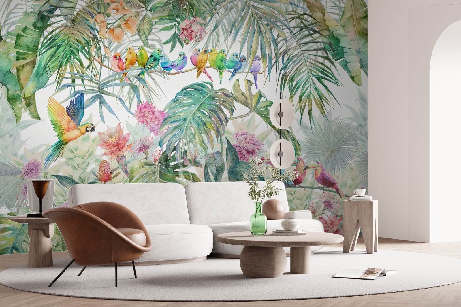 Fotobehang vogels op exotische planten