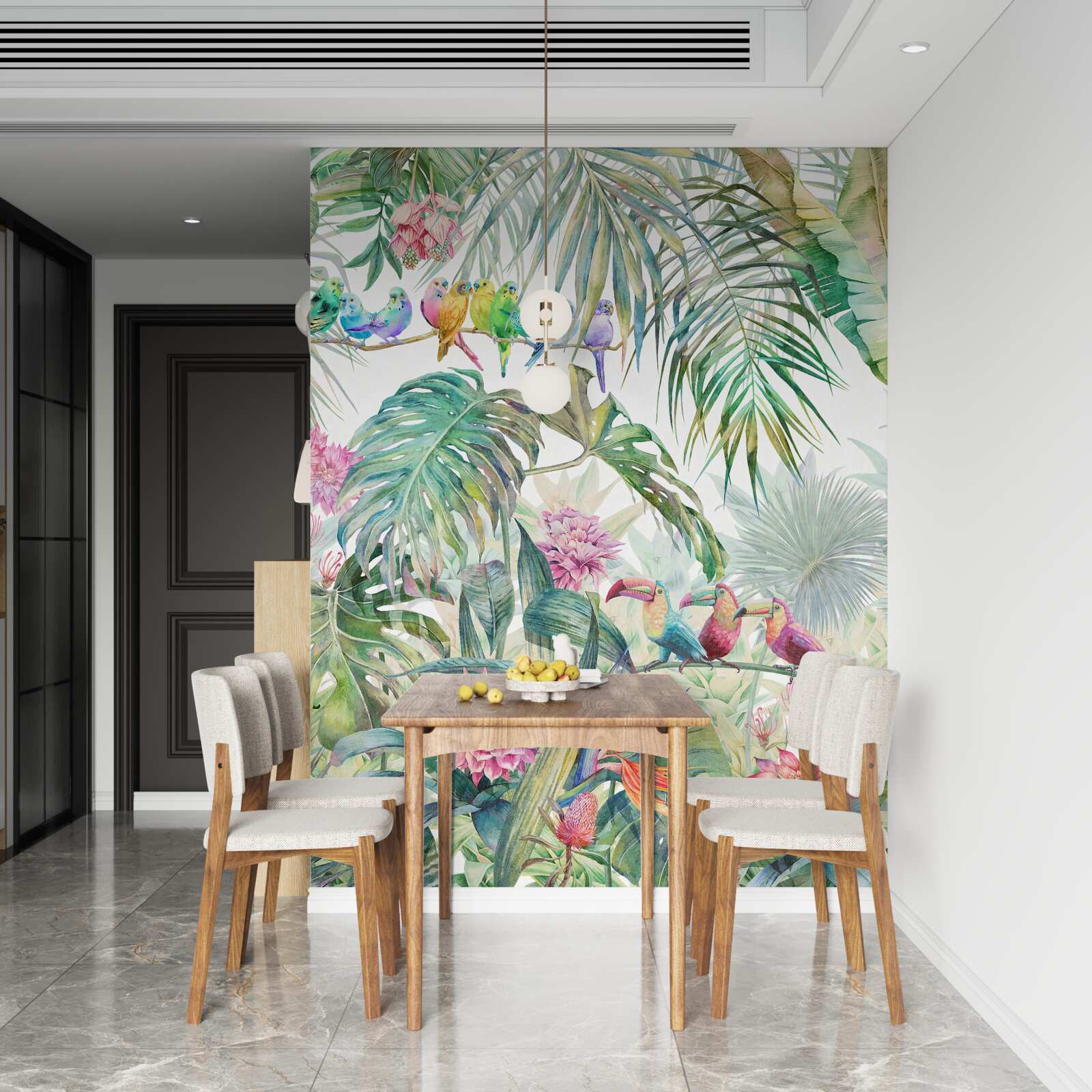 Fotobehang exotische planten en kleurrijke vogels