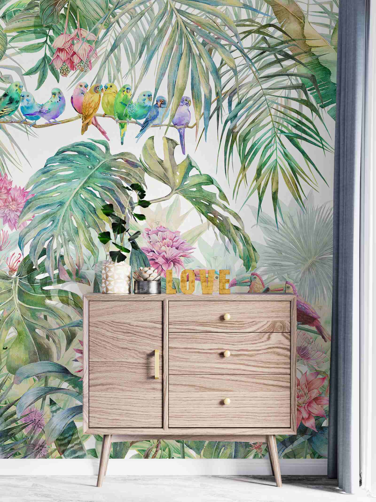 Fotobehang exotische planten en kleurrijke vogels