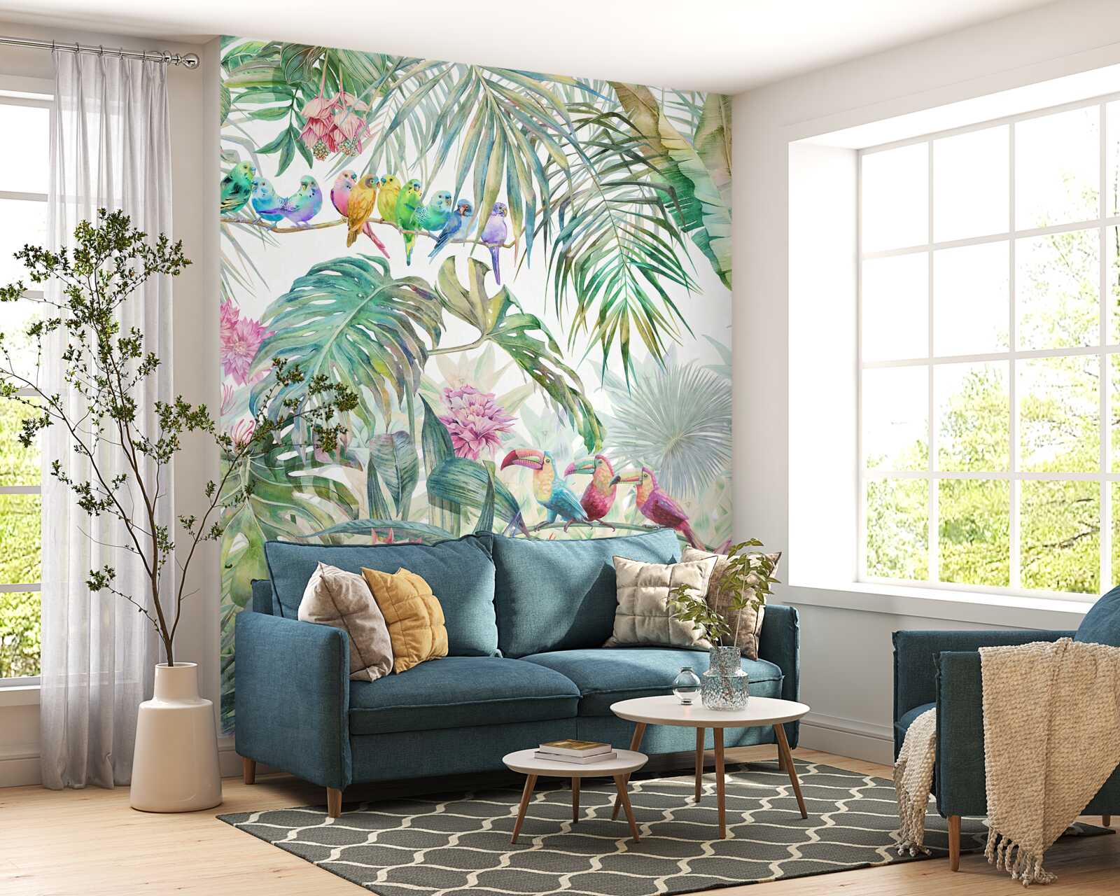 Fotobehang exotische planten en kleurrijke vogels