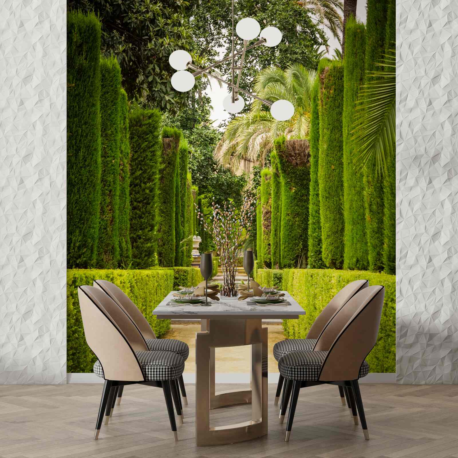 Fotobehang pad tussen goed onderhouden cipressen