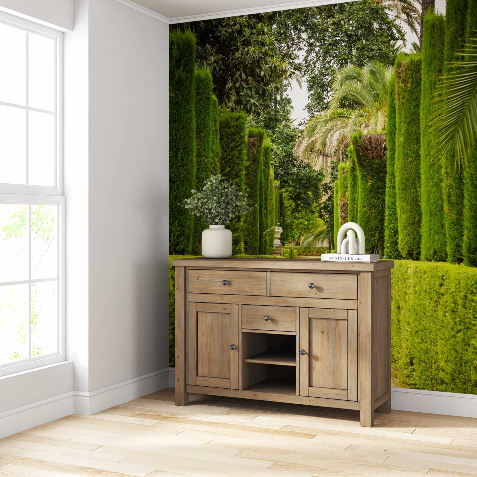 Fotobehang pad tussen goed onderhouden cipressen